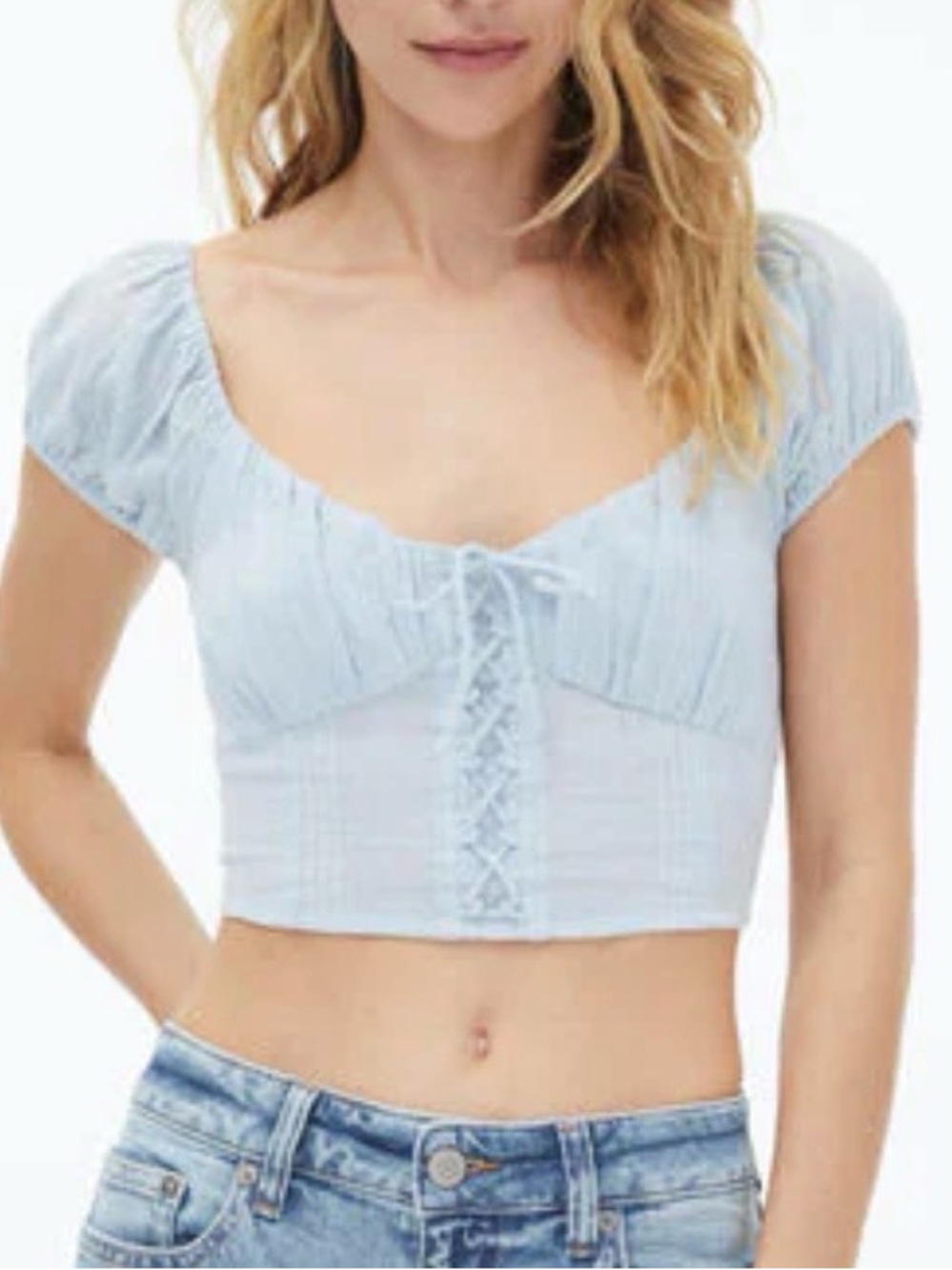 New Aeropostale Light Blue Lace-Up Crop Top - Women's Short Sleeve